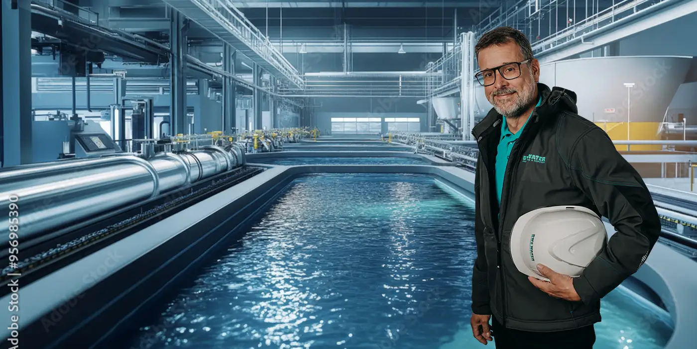 Mitarbeiter vor Wasseraufbereitungsanlage